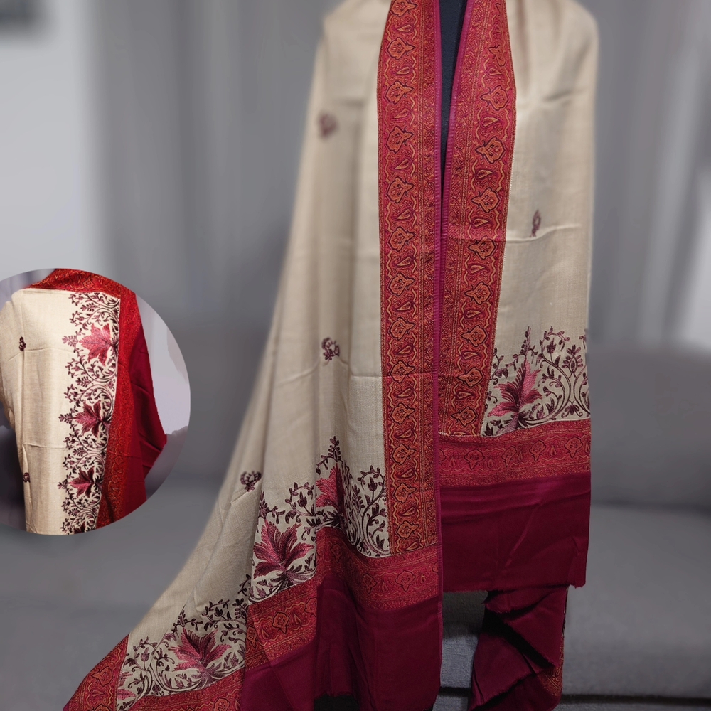 Blend Of kashmiri Style Aari Ka Kaam(Arch/Needle Work)- Shawl In Sand/Maroon